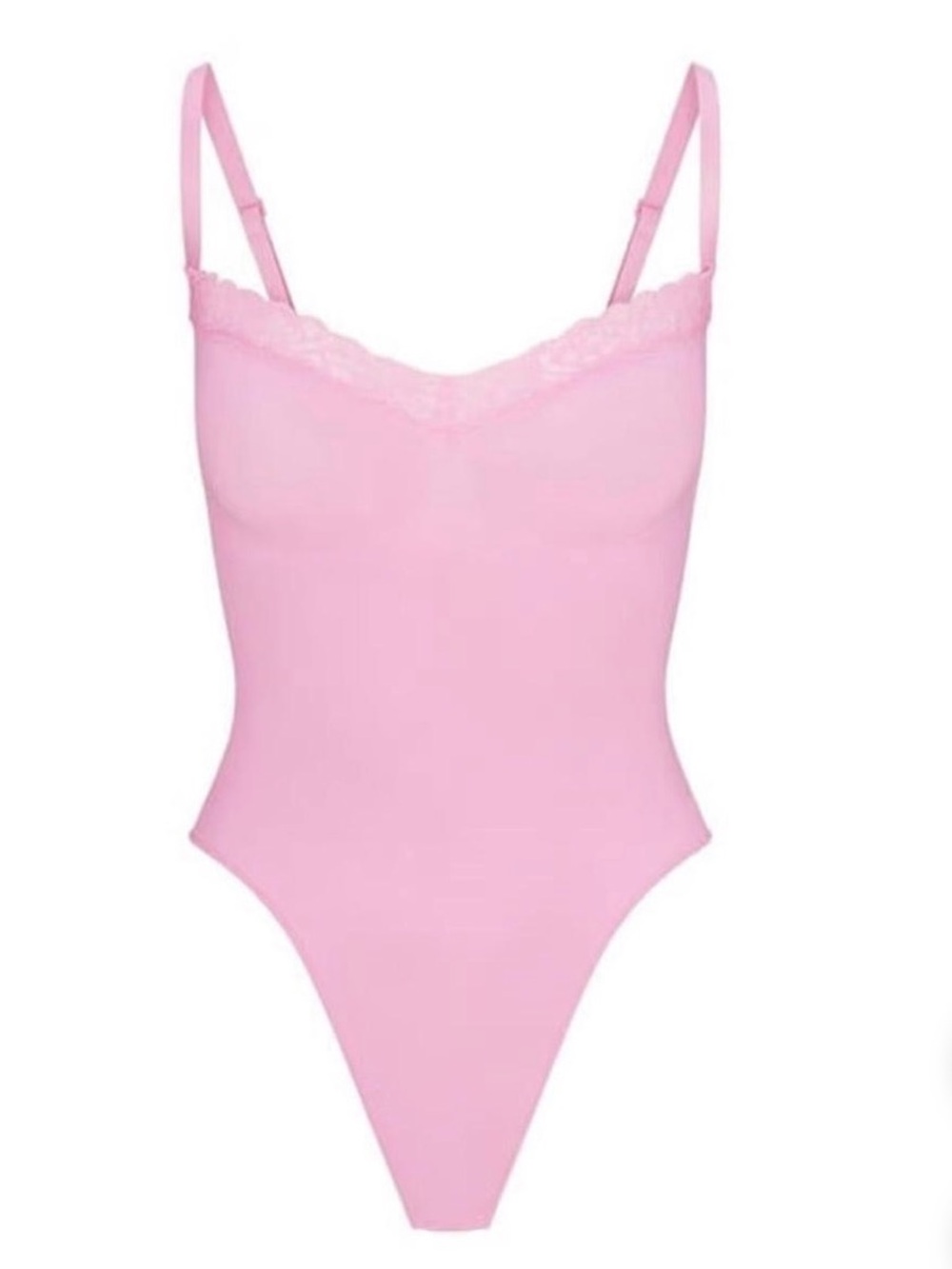 SKIMS Pink Lace-Trim Thong Bodysuit